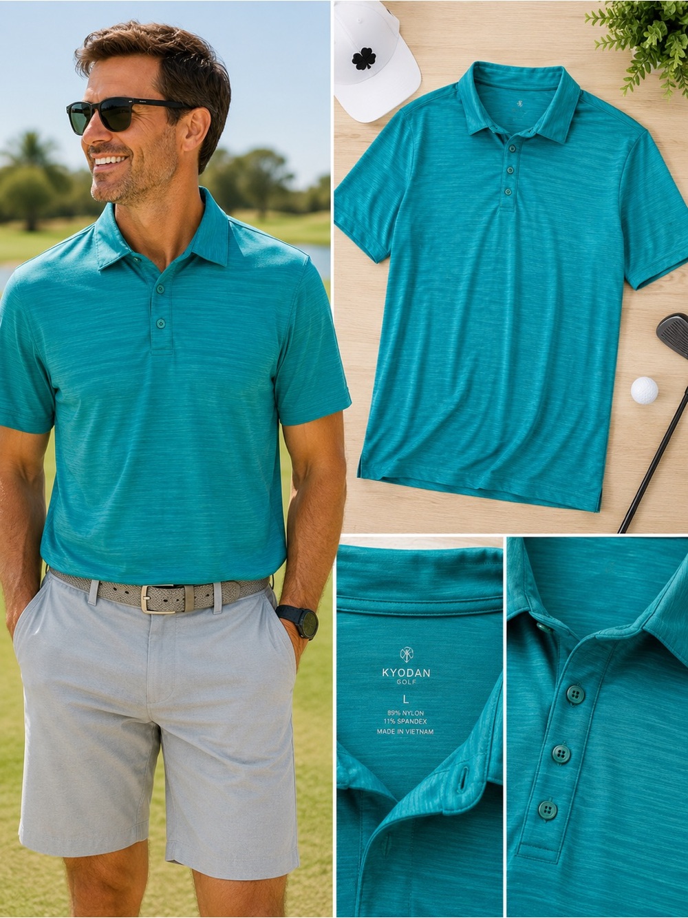 Kyodan Golf Polo Shirt Men’s Large Teal Performance Stretch Athletic